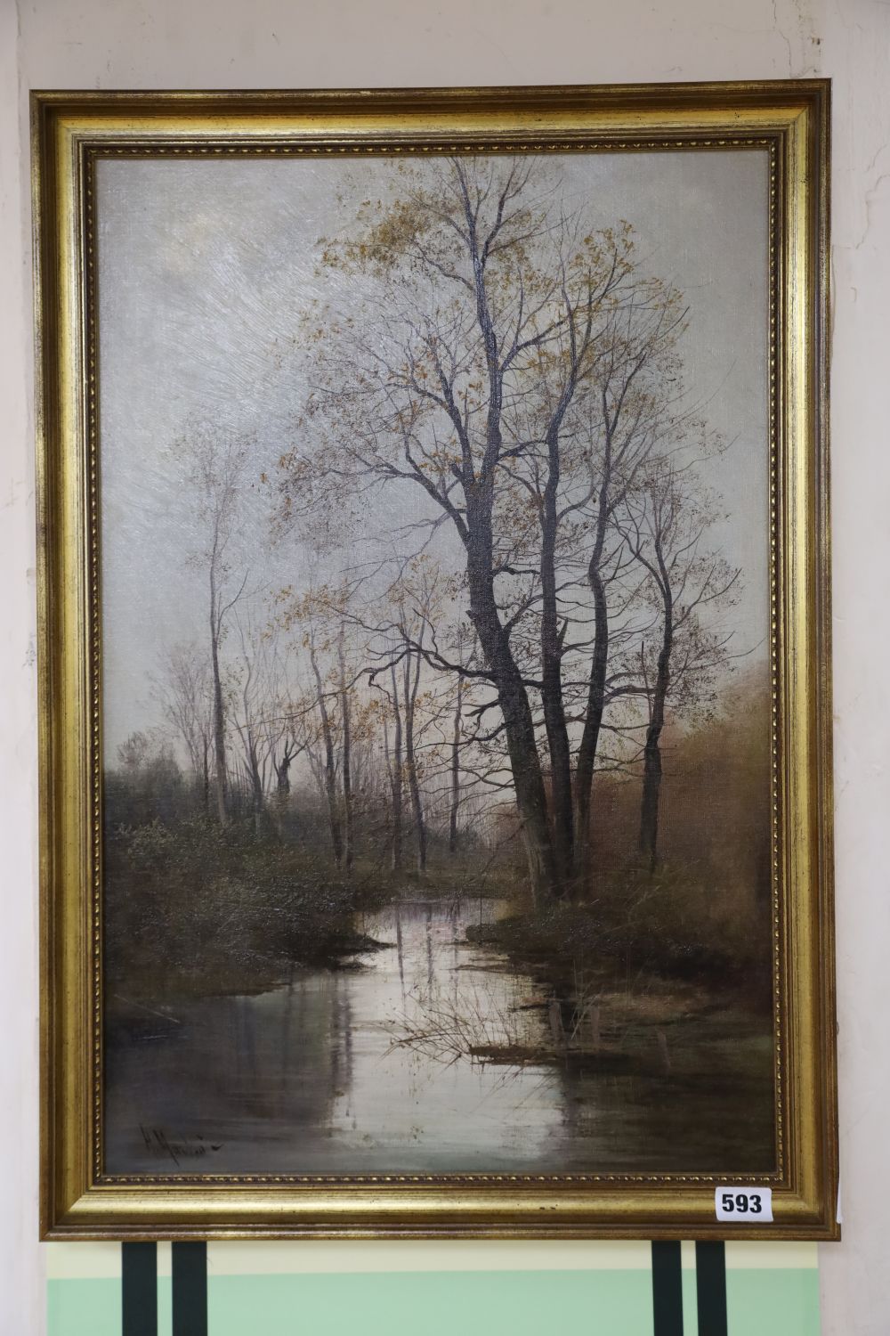 H. Martin, oil on canvas, Waterside trees in autumn, signed, 58 x 38cm